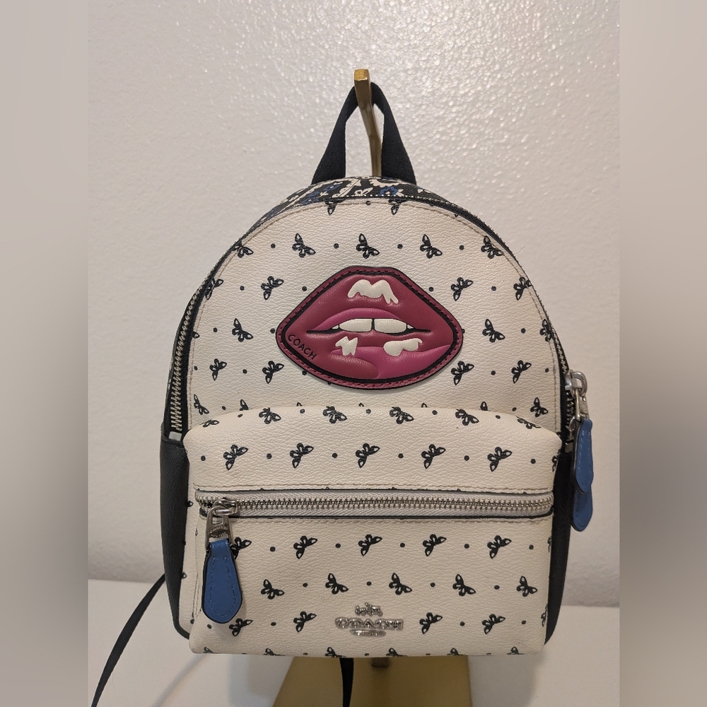 Coach Cream and Black Mini Backpack with Pink Lip Patch - Picture 2 of 8